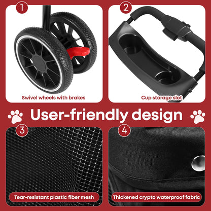 Foldable pet stroller for small and medium cats and dogs with breathable mesh canopy and three wheels, ideal for outdoor travel.