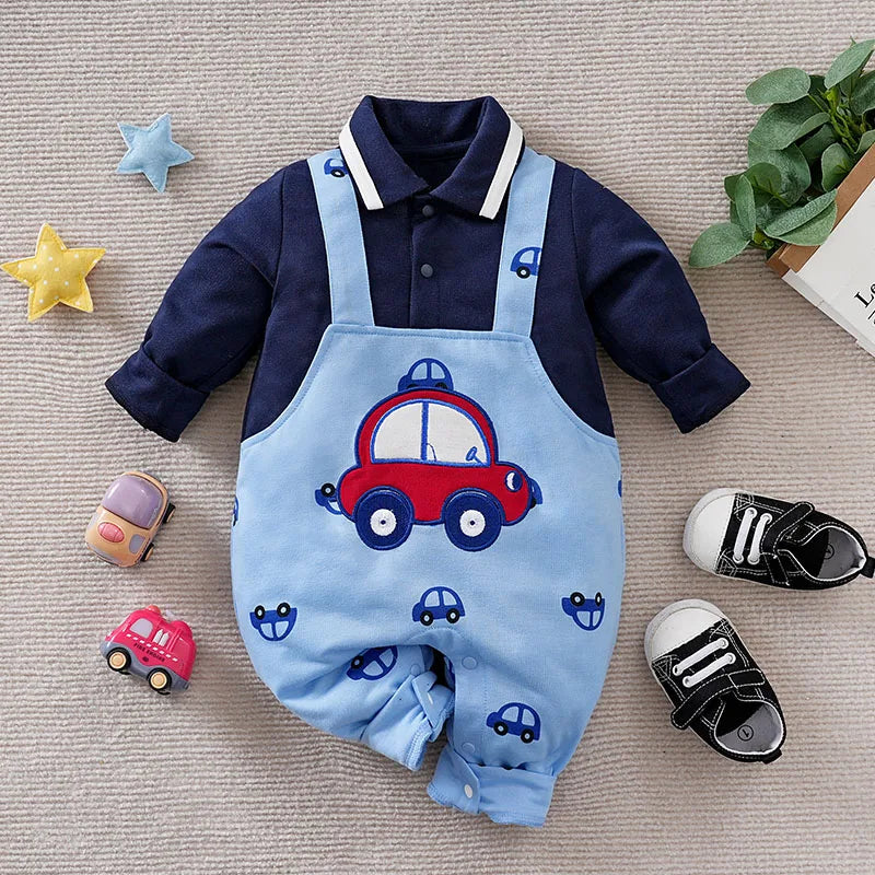 0-36MSpring and autumn newborn animal pattern imitation denim jumpsuit baby boys cotton