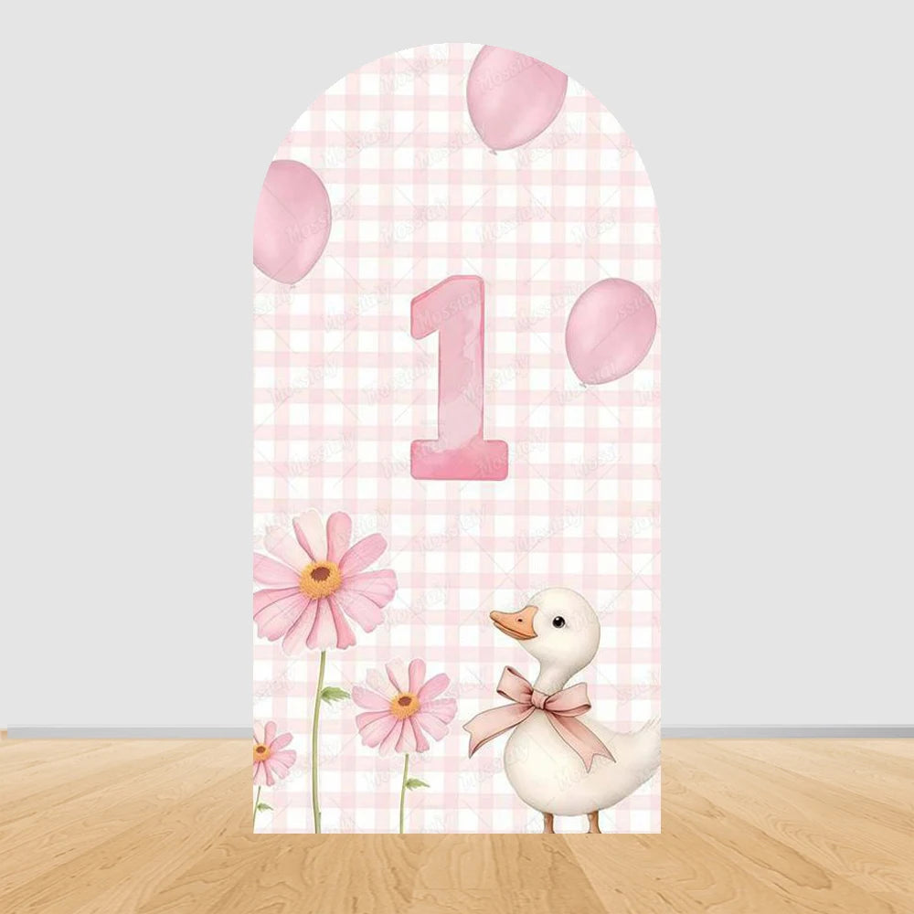 Cartoon Big White Goose Pink Bow Arch Cover Backdrop Children Baby 1st Birthday Party Baby Shower Decor Background Double-Sided