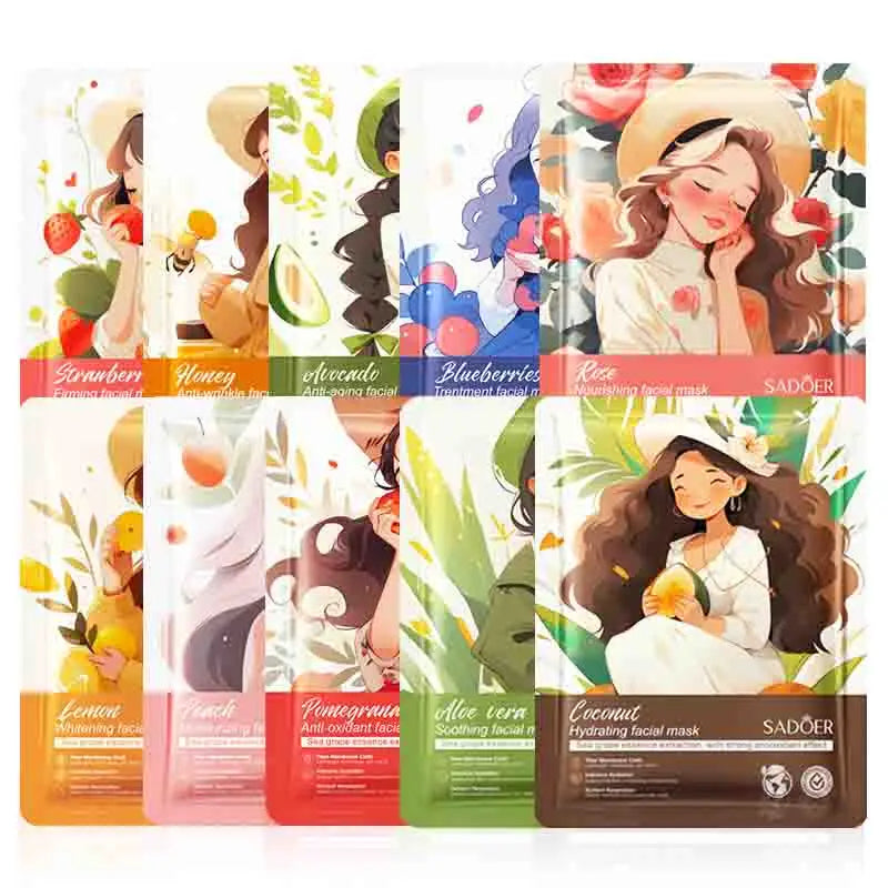 10pcs SADOER Fruits Facial Masks for Face Moisturizing Brightening Firming Hydrating Face Mask Beauty Facial Skin Care Products
