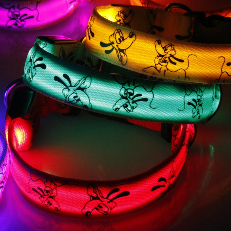 Bright LED dog collar by I YAN, glowing luminous nylon pet collar for nighttime safety and visibility.