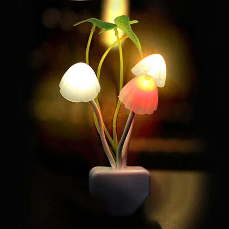 Colorful mushroom night light by I YAN with EU and US plugs, 3 LED lights, sensor, and 220V power for cozy ambient lighting.