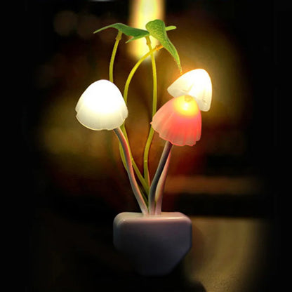 Colorful mushroom night light by I YAN with EU and US plugs, 3 LED lights, sensor, and 220V power for cozy ambient lighting.