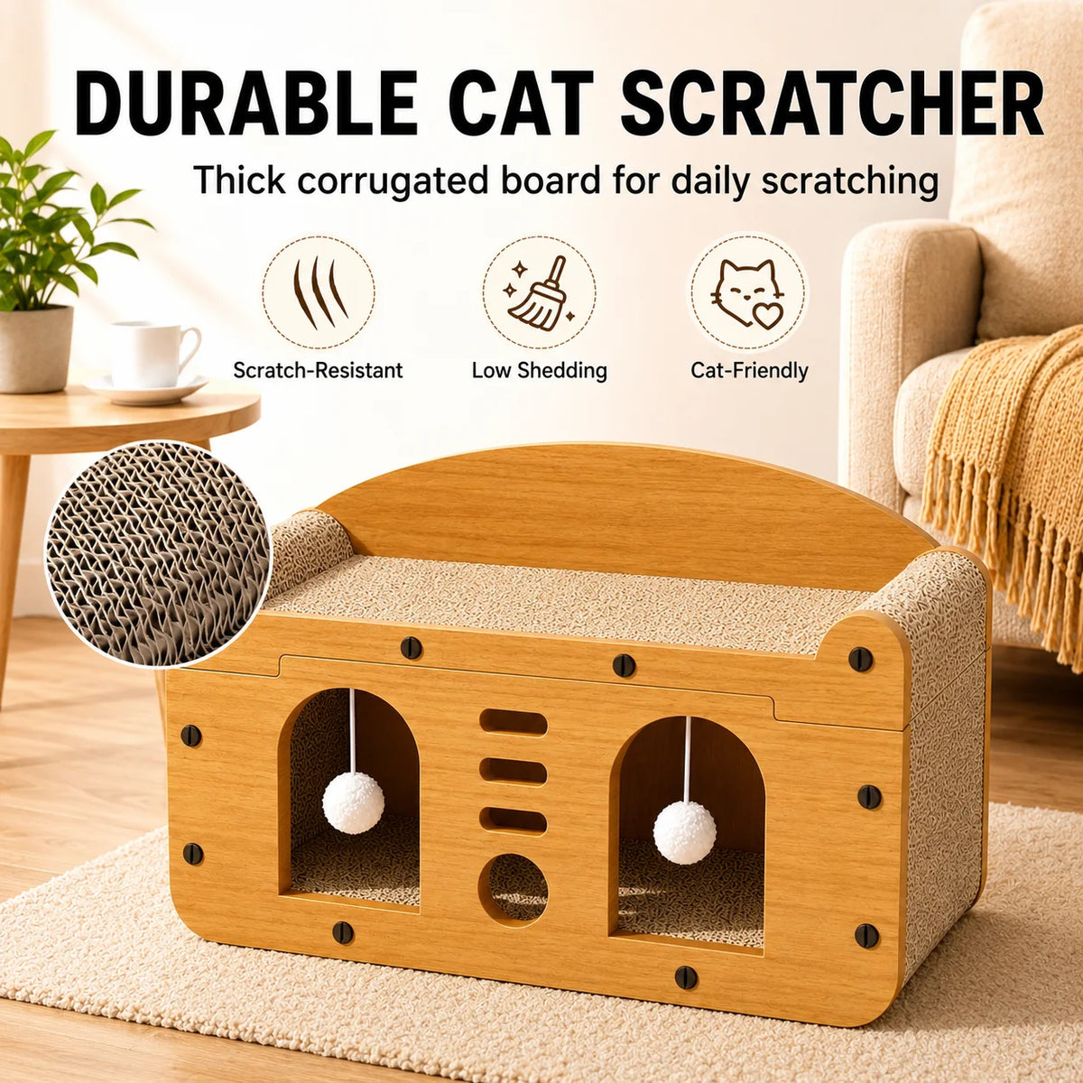 I YAN double door wooden cat scratcher sofa house with hideout and corrugated scratching bed for indoor cats.