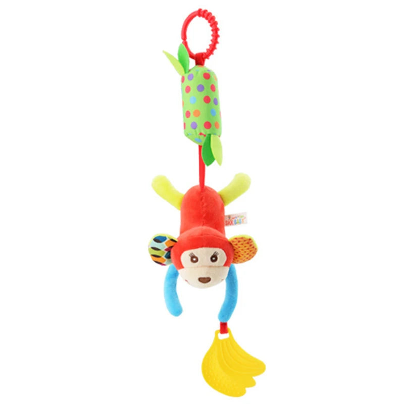Soft plush giraffe and zebra handbells and rattles toy for infants, with handle and teether for baby development and sensory play.