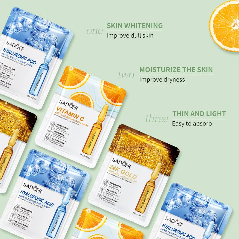 30/15pcs SADOER 24K Gold Vitamin C Hyaluronic Acid Facial Masks Face Moisturizing Firming Hydrating Face Mask Facial Skin Care