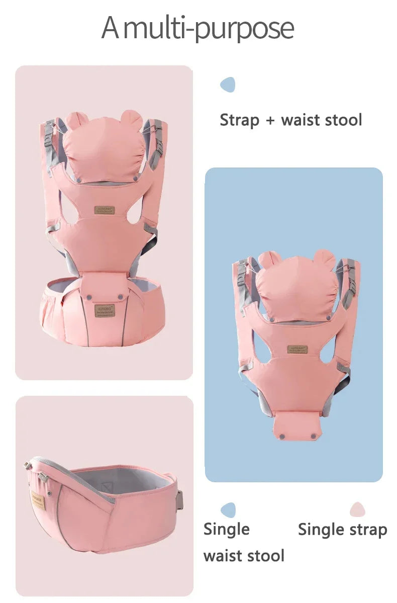I YAN 3-in-1 baby hipseat carrier backpack with windproof hat, ergonomic infant carrier for 0-36 months, shown on a child.