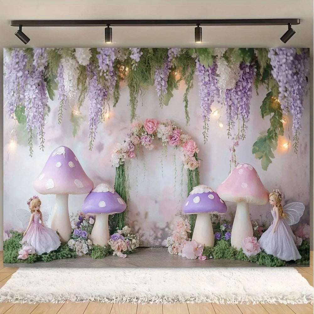 1 fantasy fairy photography background with purple mushrooms, charming forest atmosphere, and whimsical party decorationsL