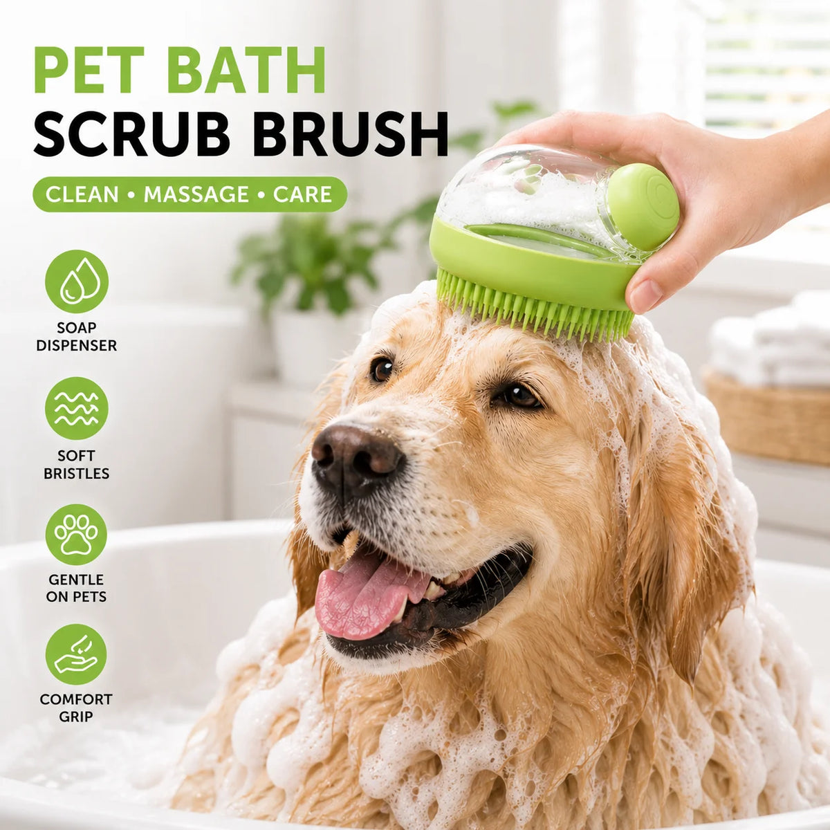 Soft silicone pet bath brush with shampoo dispenser by I YAN, designed for grooming, massaging, and shower cleaning for dogs and cats