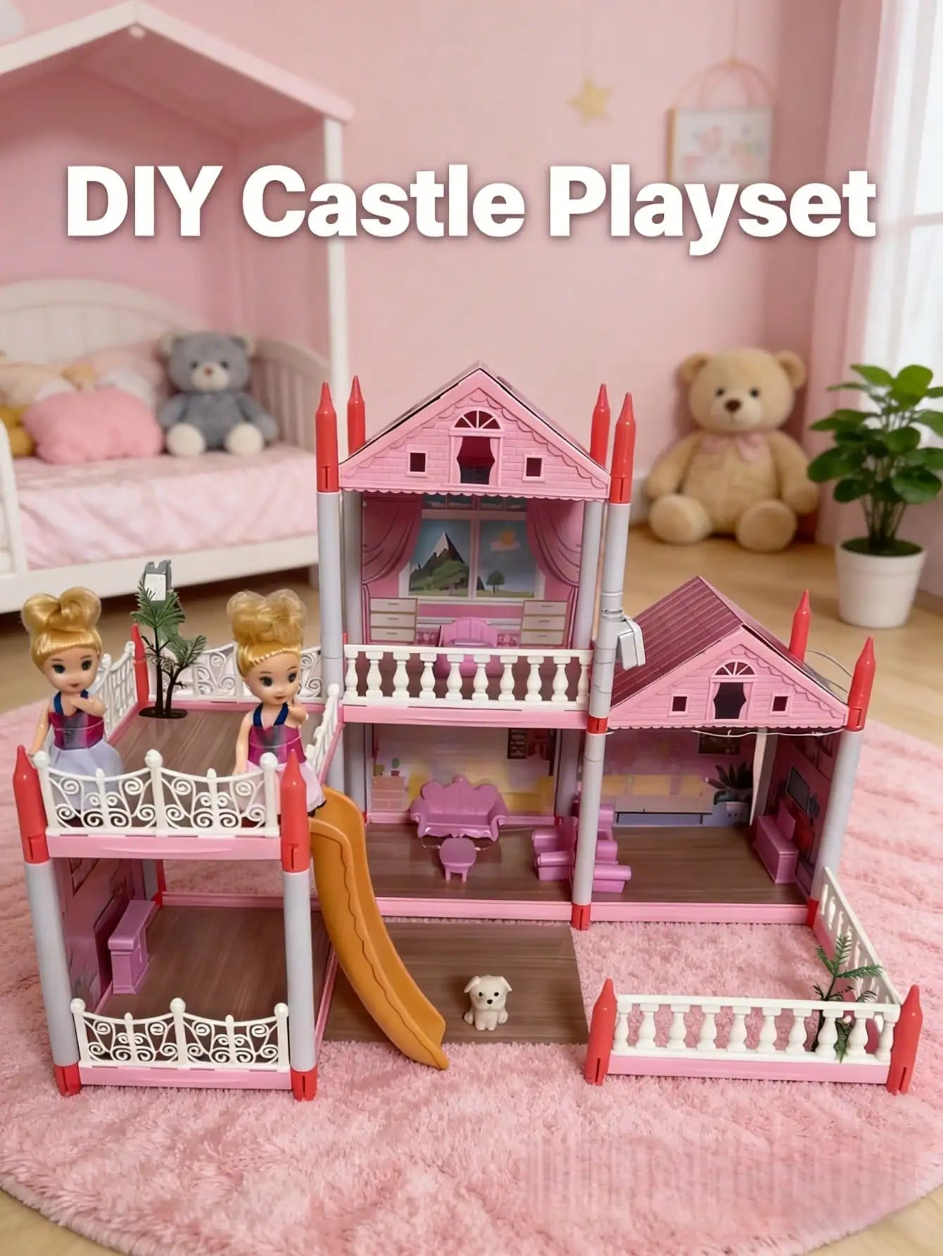 I YAN Villa Dollhouse Playset with furniture, a DIY castle for kids, educational puzzle toy, ideal for children’s play and learning.