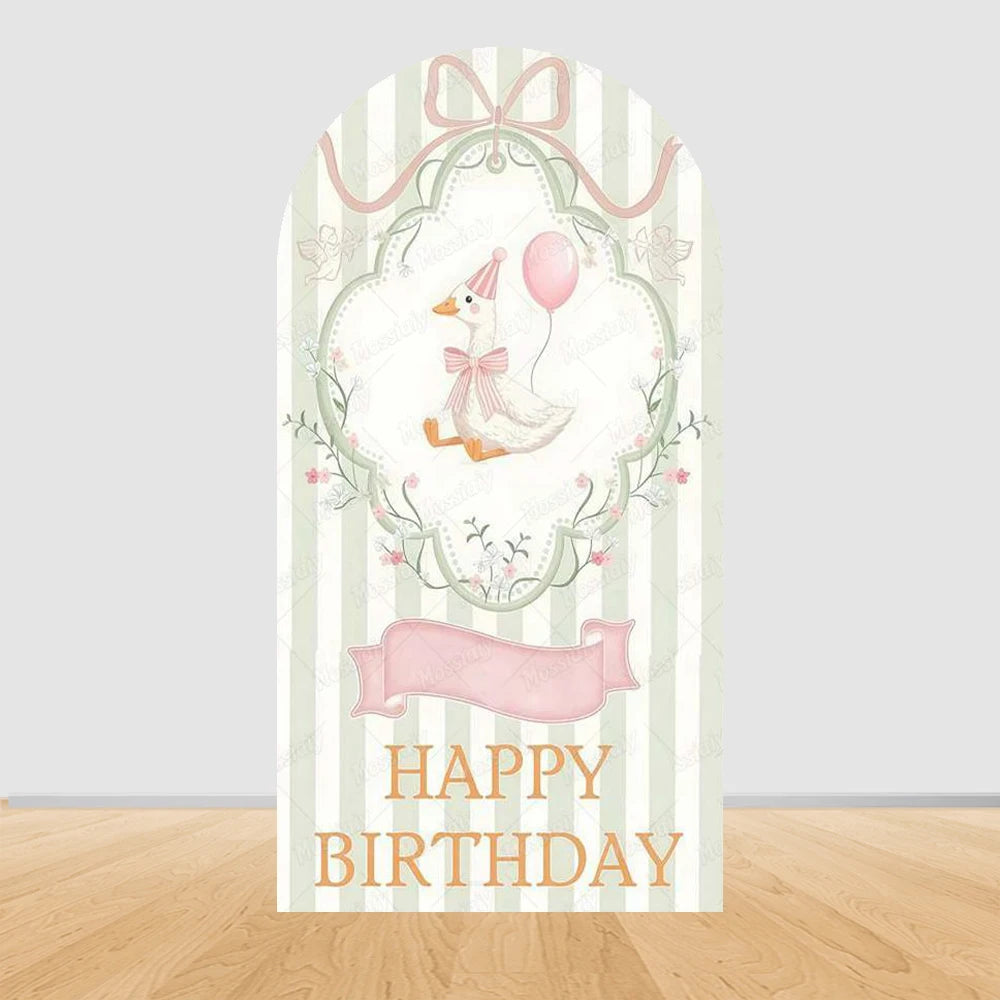 Cartoon Big White Goose Pink Bow Arch Cover Backdrop Children Baby 1st Birthday Party Baby Shower Decor Background Double-Sided