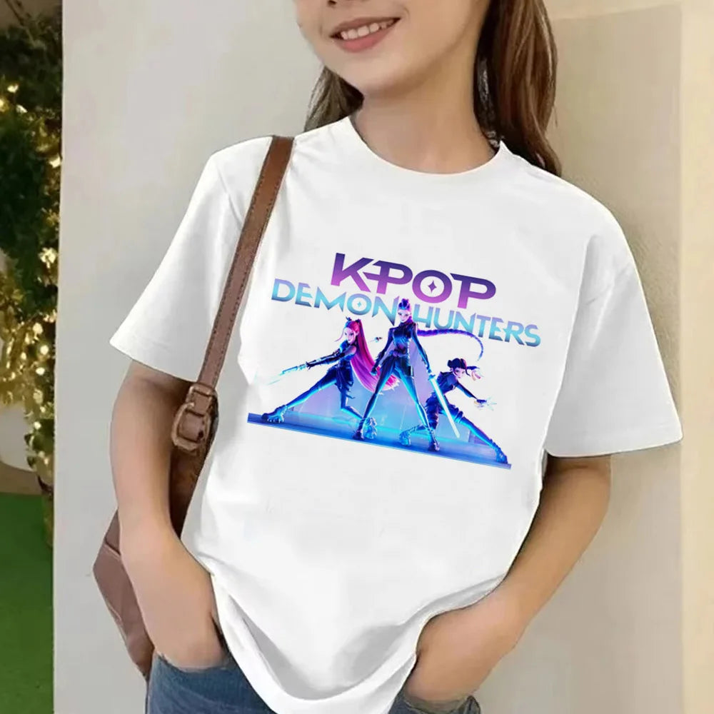 Movie KPop Demon Hunters T-shirt Summer Short Sleeve Tee for Children Casual Loose Girl Boy Graphic Printed Tops