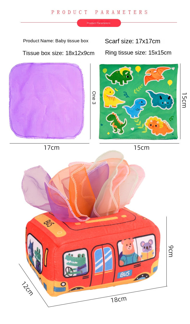Baby Montessori Magic Tissue Box by I YAN, sensory learning toy for fine motor skills, featuring colorful tissue box with textured details.
