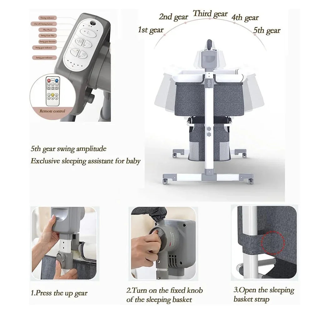 I YAN baby bassinet with electric rocking, remote control, foldable design, ideal for newborns and travel co-sleeper.