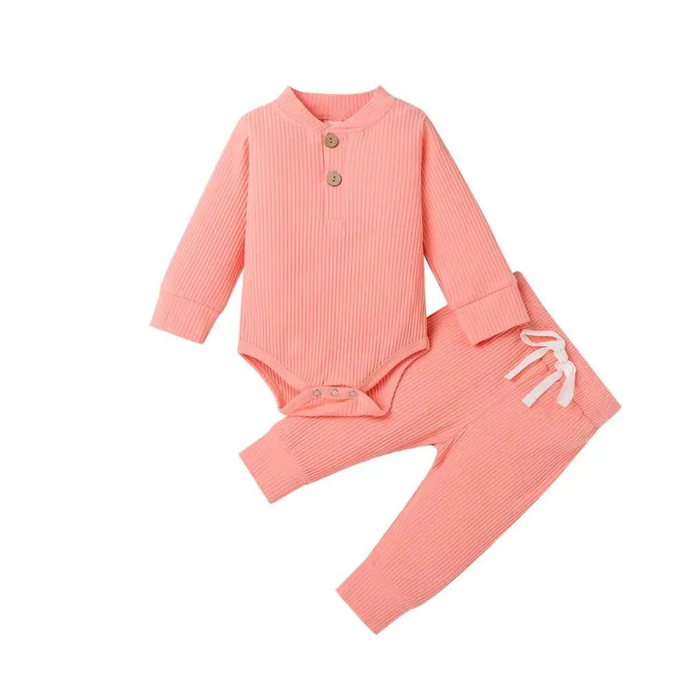 I YAN infant baby girl boy spring autumn ribbed and plaid long sleeve bodysuits with elastic pants, 2-piece clothing set