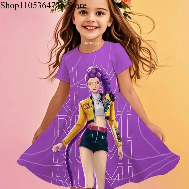 Kpop Demon Hunters Girls Toddler Dress Summer Kids Cartoon Anime Princess Beach Outfit Casual Nightgown