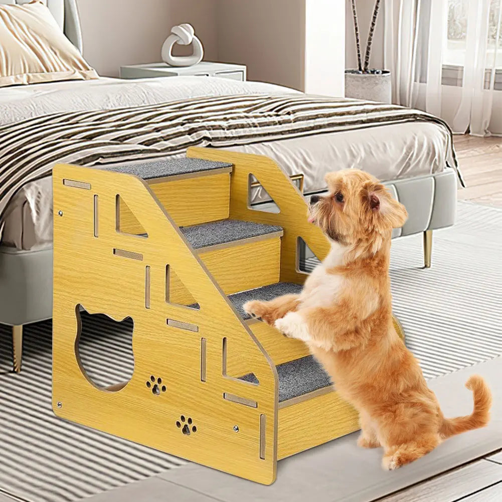 4-Step Wooden Pet Stairs Nonslip Carpeted Indoor Pet Steps Dog Stairs Ramp Wooden Pet Ladder for Dogs and Cats for Bed