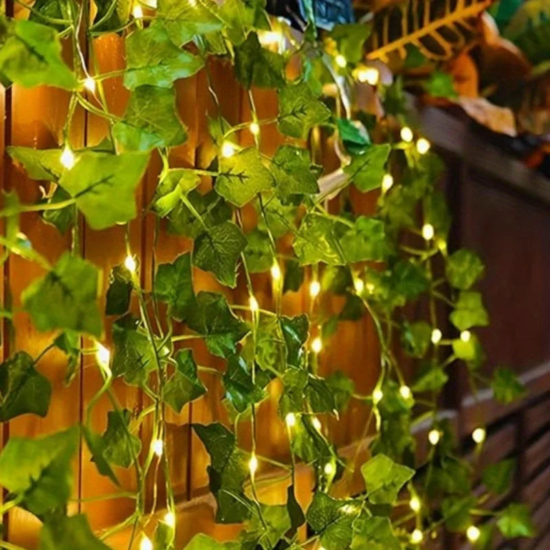 50/100LED Green Fairy Lights with Solar-Powered Artificial Ivy Leaves Featuring 8 Modes for Garden Wedding Christmas Decoration