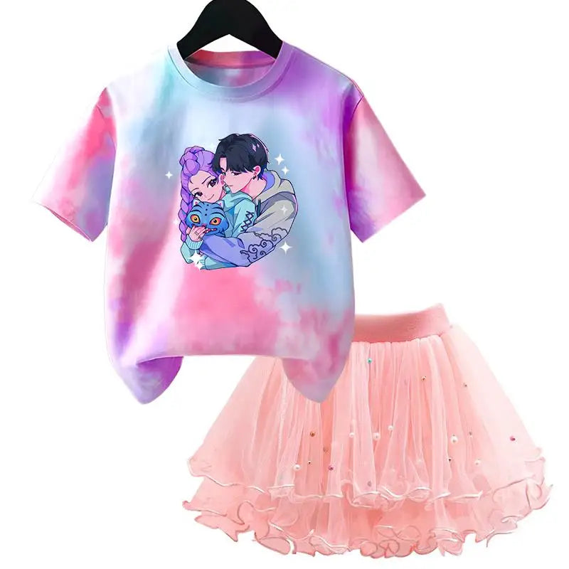 K-Pop Hunters Zoey Mira Rumi Kids T Shirt Summer Girl Outfit T-shirt +Tutu Skirt Princess Clothes Suit Party Clothing Set