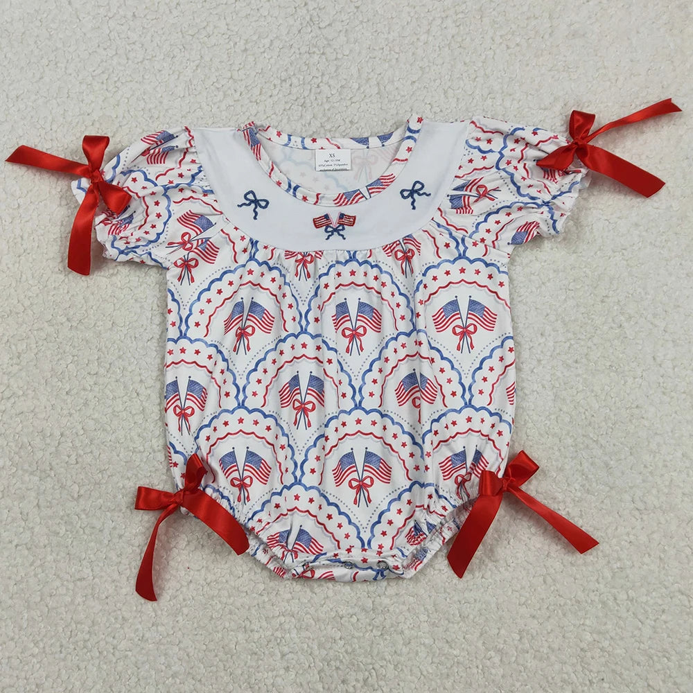 Baby girls pink July dog romper by I YAN featuring cute bubbles, toddler bodysuit with playful design for 4th of July celebration.