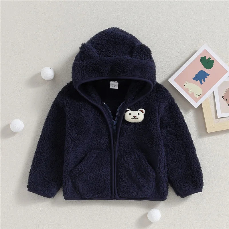 0-24months Unisex Baby Fuzzy Coat 3d Bear Hooded Jacket For Infant Girl And Boy Zipper  Spring Autumn Closure Fleece Outerwear