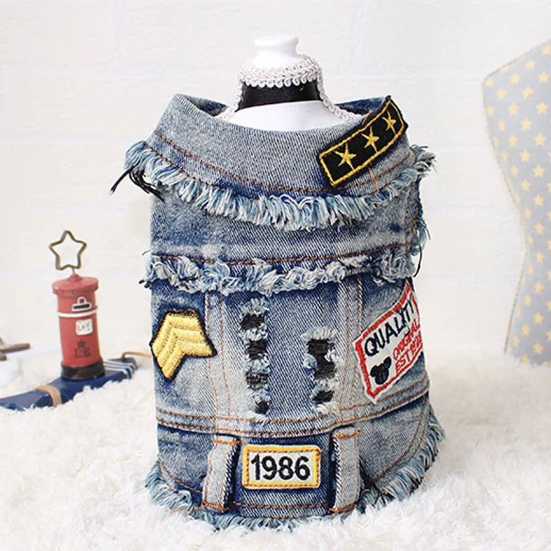 Vintage Washed Denim Jacket for Pets, Lapel Vests, Cool Blue Coat, Small and Medium Puppy Clothes, Classic Hoodie