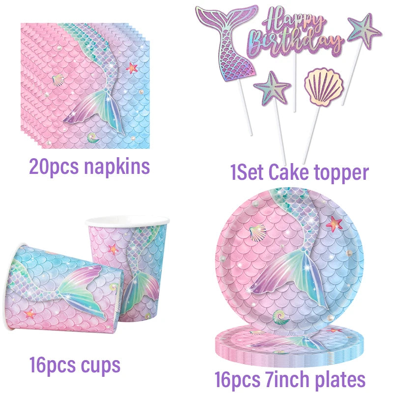 Mermaid Themed Party Disposable Tableware Little Mermaid Tail Paper Plates Cups Napkins Banner Birthday Party Decoration Supplie