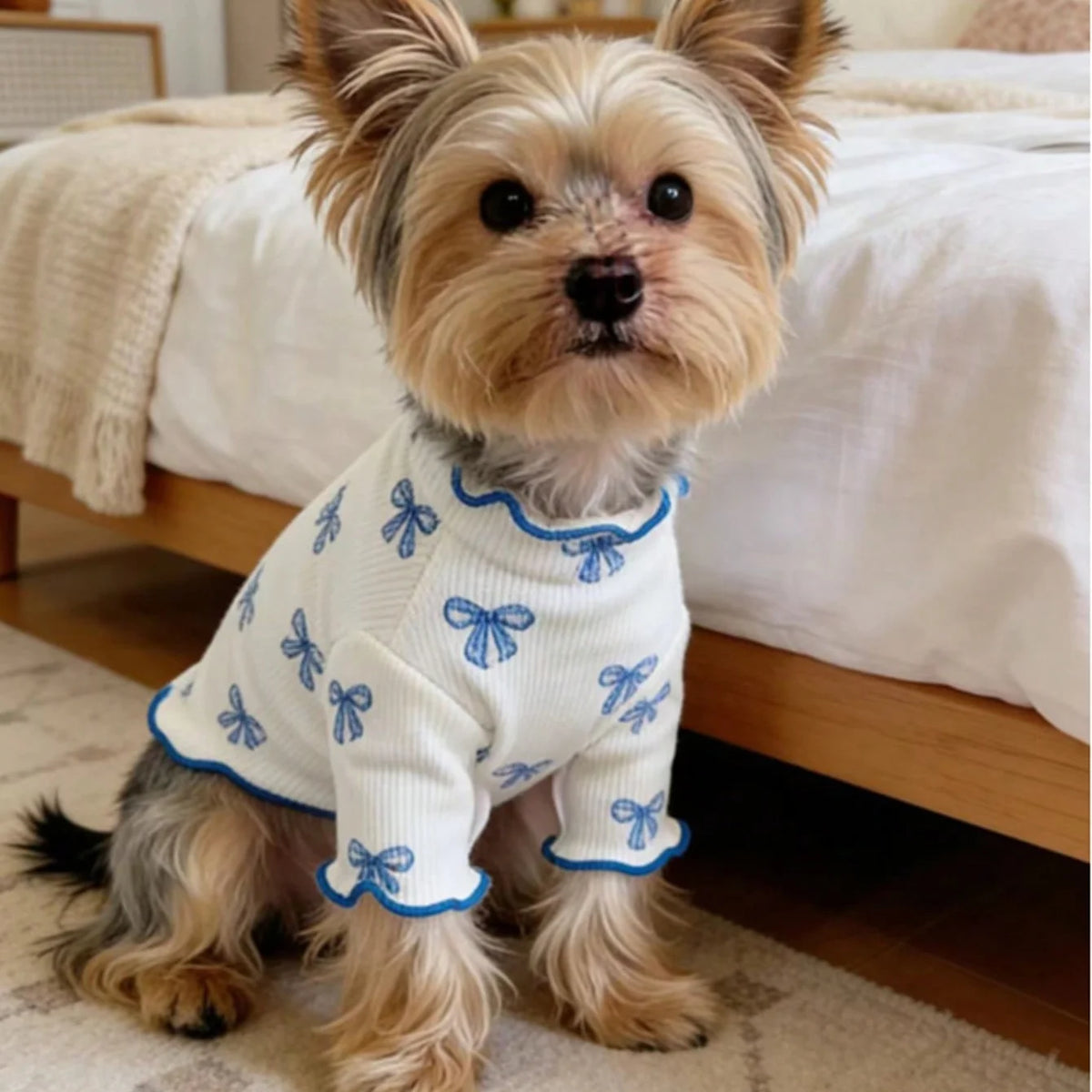 Pet dog or cat knit sweater with allover print and pink bow tie, breathable and comfortable I YAN clothing for pets.