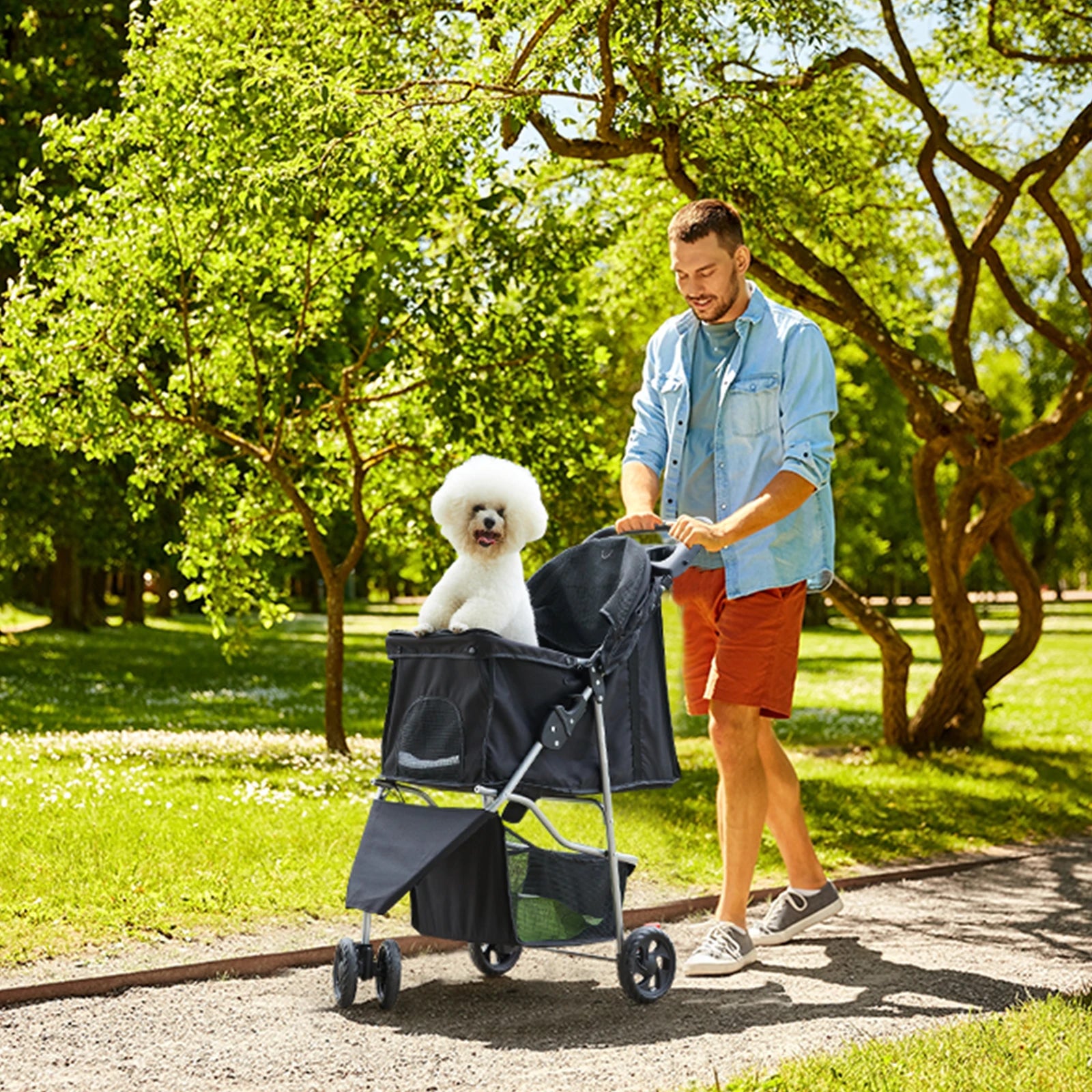 I YAN JHK foldable pet stroller with three wheels, mesh windows, storage basket, and cup holder for small dogs and cats.