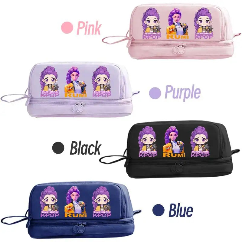 I YAN Kpop Demon Hunters double-layer pencil case with anime design, perfect for kids' stationery and accessories storage.