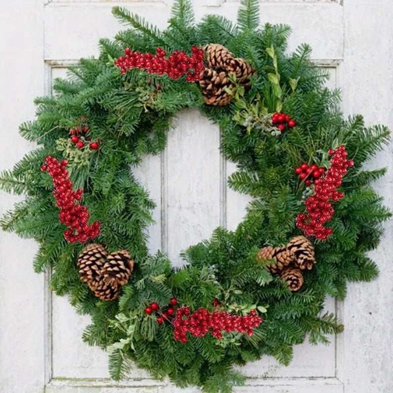 1/60PCS Christmas Red Berries Branch Artificial Holly Berry Stamen Flowers Wreath for Tree Ornaments New Year Party Home Decor