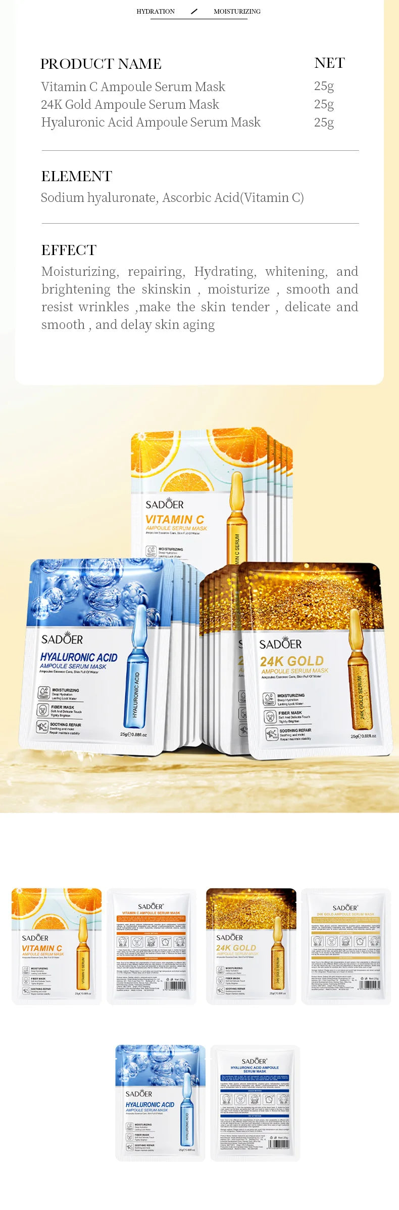 30/15pcs SADOER 24K Gold Vitamin C Hyaluronic Acid Facial Masks Face Moisturizing Firming Hydrating Face Mask Facial Skin Care