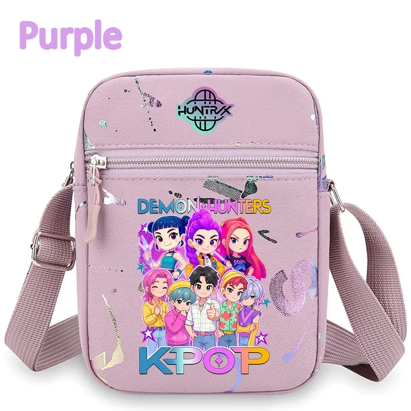 Kids' Demon Hunters crossbody phone bag by I YAN featuring a shoulder pouch, coin wallet, and purse with a character-themed design.