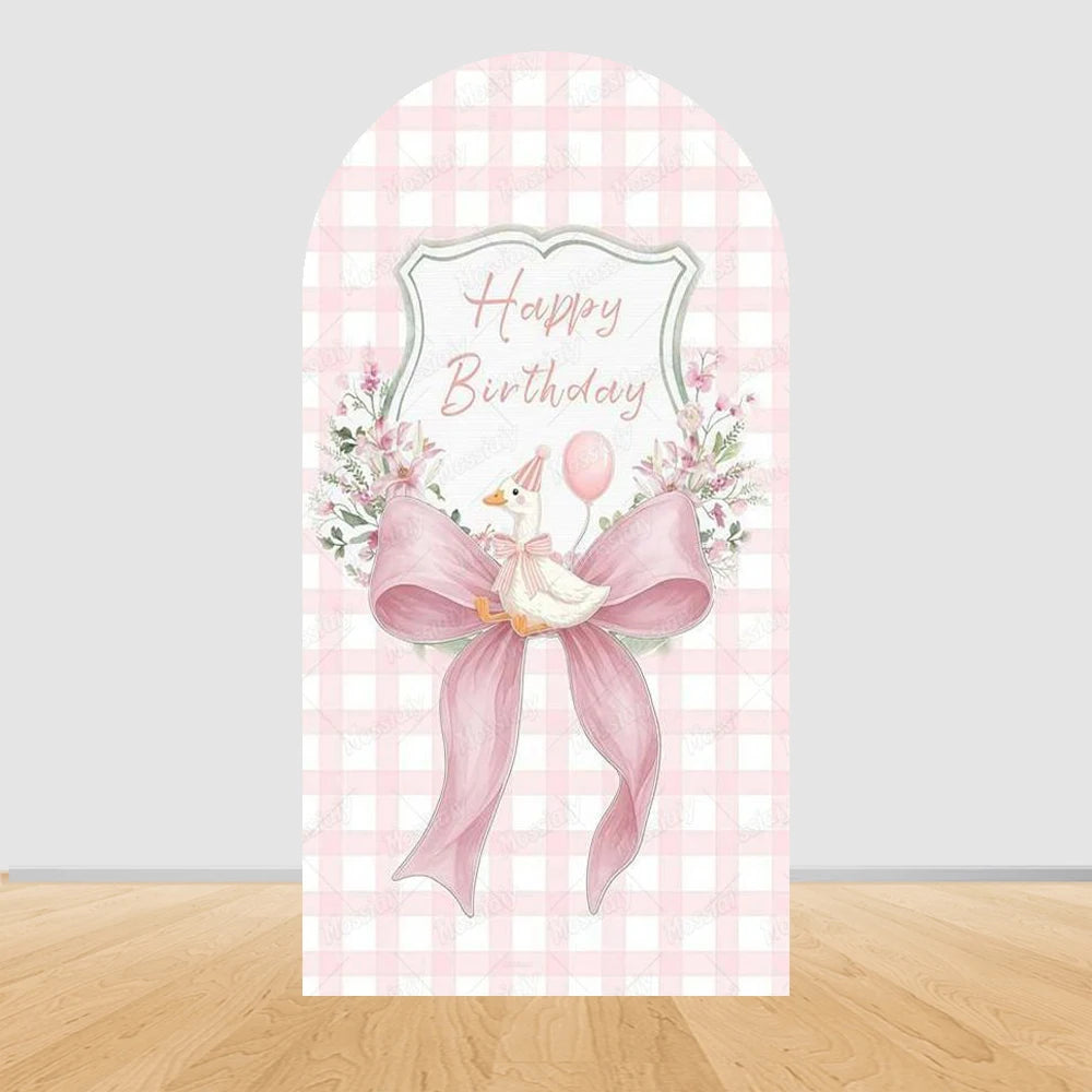 Cartoon Big White Goose Pink Bow Arch Cover Backdrop Children Baby 1st Birthday Party Baby Shower Decor Background Double-Sided