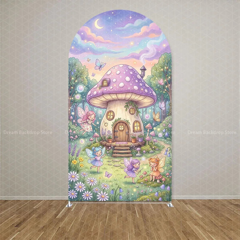 Custom Double-sided Wonderland Fairy Mushroom Butterfly Arch Backdrop Cover Girls Birthday Party Baby Shower Decor Background