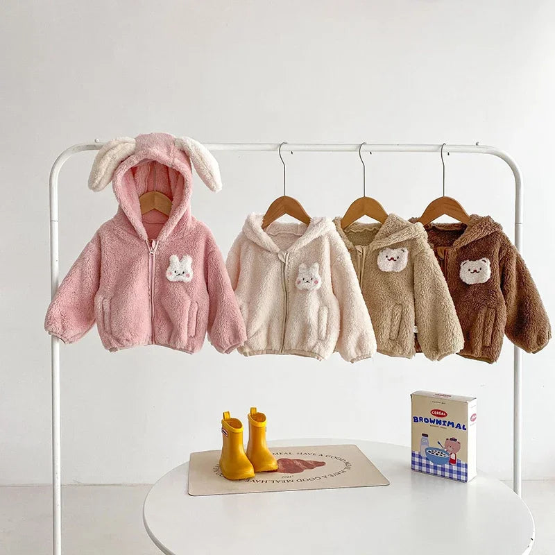Plush Baby Girls Boys Jacket Spring Autumn Keep Warm Zipper Hooded Outerwear Cute Rabbit Bear Infant Coat 0-5 Years Kids Clothes
