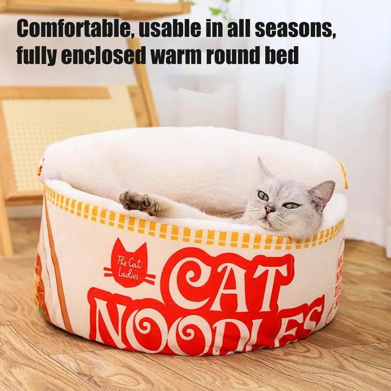 Soft Ramen noodle cat bed shaped like a bowl with cover, designed for small to large cats, provides a cozy indoor pet house by I YAN.