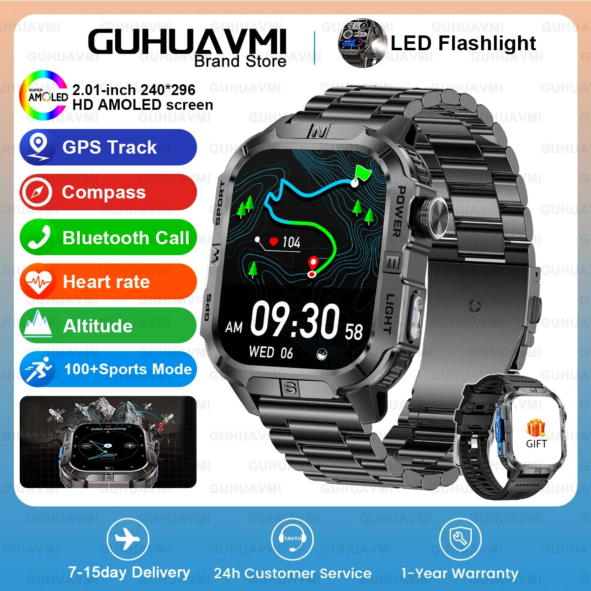 New Dual-Band Satellite GPS Smart Watch Men 2.01'' HD Screen Compass Military Flashlight Watches Waterproof Swim Smart Bracelet