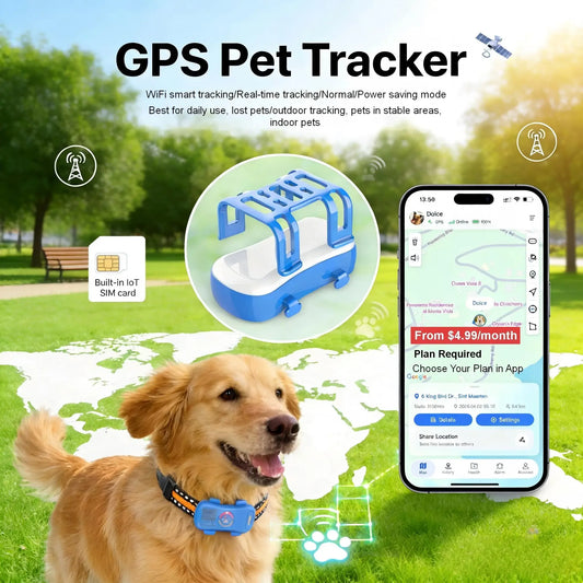 I YAN GPS pet tracker for dogs and cats with built-in SIM, real-time tracking, WiFi home positioning, and IP67 waterproof design.