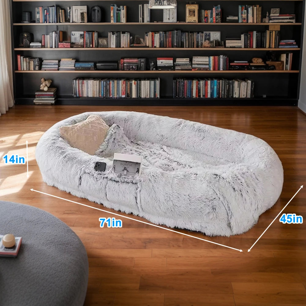 Grey Ye Human Dog Bed by I YAN with washable faux fur, orthopedic design, 71x45x14 inches, suitable for humans and pets