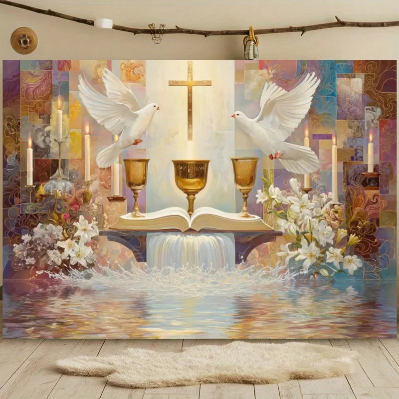 First Holy Communion Backdrop Flower Gold Cross Decor Boy Girl Baby Shower My Baptism Birthday Party Photography Background Prop