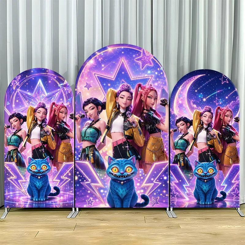 Kpop Demon Hunters Arch Backdrop CoverGirl Group Birthday Arched Banner, Spandex Elastic Photo Booth Background for Party Decor