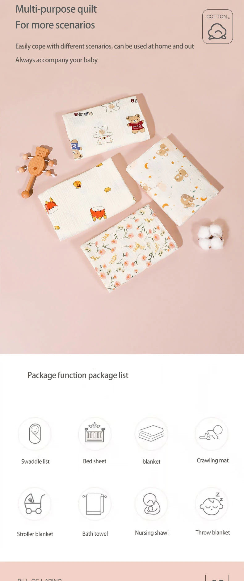 Two I YAN cotton muslin baby receiving blankets, 80x80cm swaddle blankets for newborns, soft and breathable bedding or bath towels