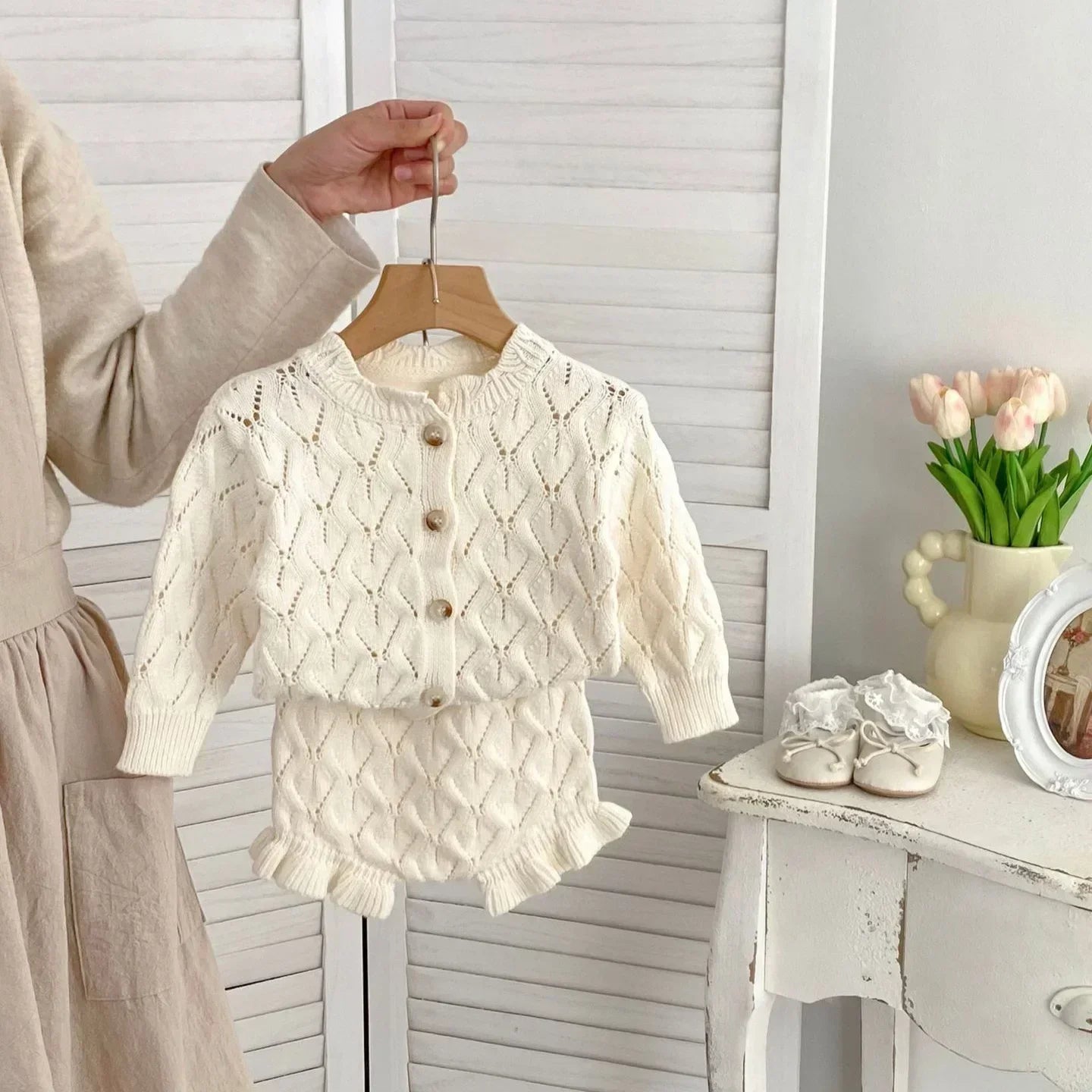 Baby Girl Knit Cardigan & Shorts Set – Hollow-Out Sweater 2-Piece Outfit - I YAN