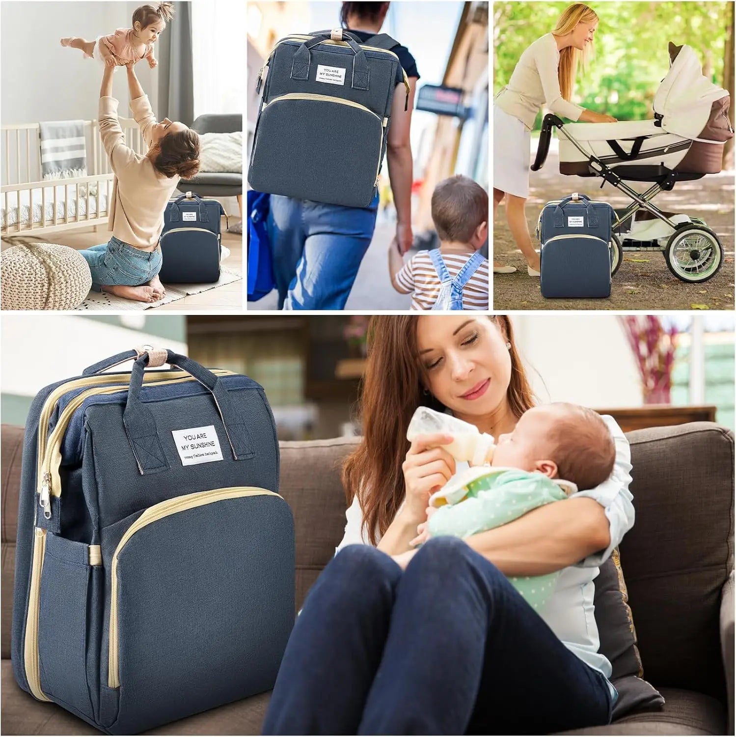 Baby Changing Nappy Bag with Changing Mat Large Capacity for Mum Waterproof Portable Backpack Foldable Bed Stroller StrapsTravel
