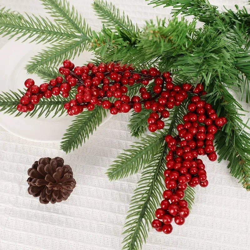 1/60PCS Christmas Red Berries Branch Artificial Holly Berry Stamen Flowers Wreath for Tree Ornaments New Year Party Home Decor