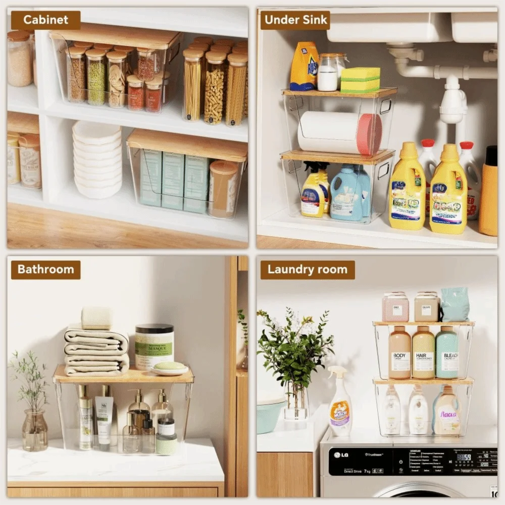 Stackable Pantry Organizers with Wooden Lids Kitchen Storage Clear Bins Under Sink Organizer for Onion Potato Fruit Vegetables