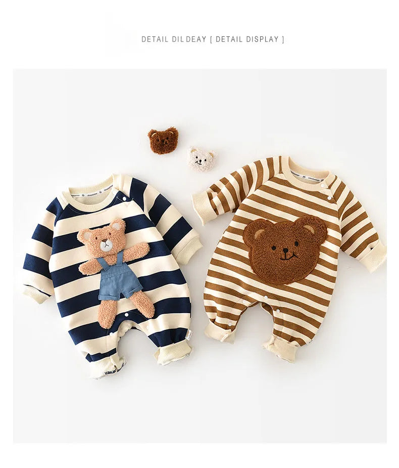 MILANCEL Thicken Lining Boys Baby Rompers Striped Cartoon Girls Jumpsuits Bear Outfit