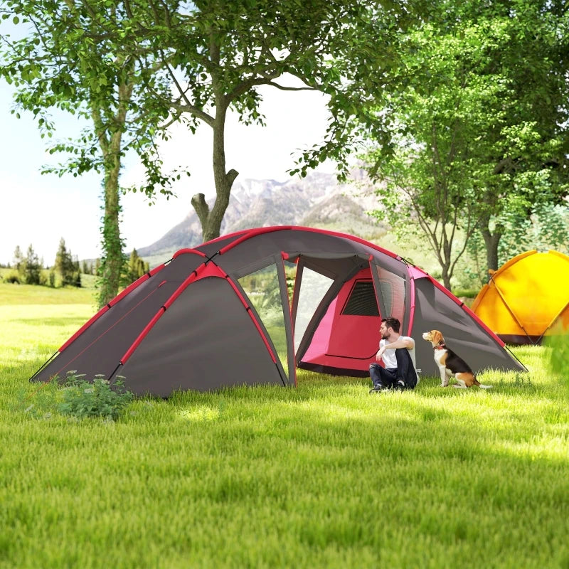 4-6 Man Family Camping Tent w/ 2 Bedrooms and a Living Room,with Waterproof Tunnel,Doors,Windows,Carry Bag, Grey  ﻿