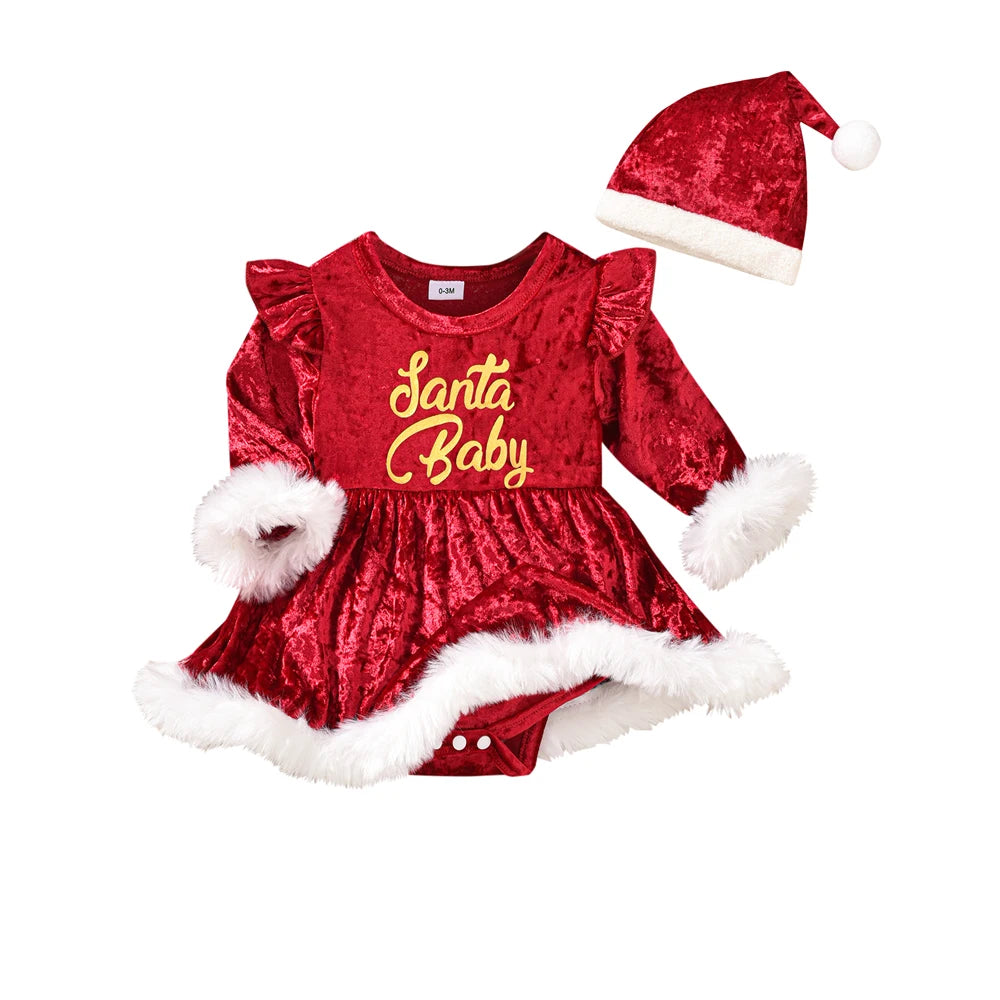 Baby New Year Dresses Girls Letter"Santa Baby" Velvet Christmas Bodysuit Dress For Girls Newborn My First Christmas Baby Costume